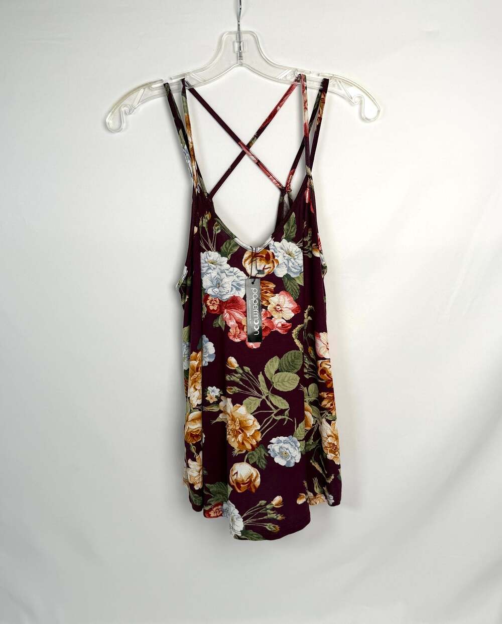 Papermoon Womens XL Burgundy Floral Tank Top Strappy Criss Cross Back NWT